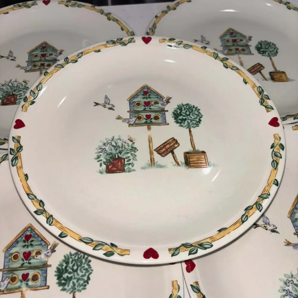 Thomson Pottery Birdhouse Pattern Dinner Plates 10.25” (6)